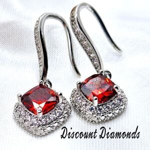 14K White Gold on 925 Silver Cushion Cut 4CT. Ruby Drop / Dangle Earrings